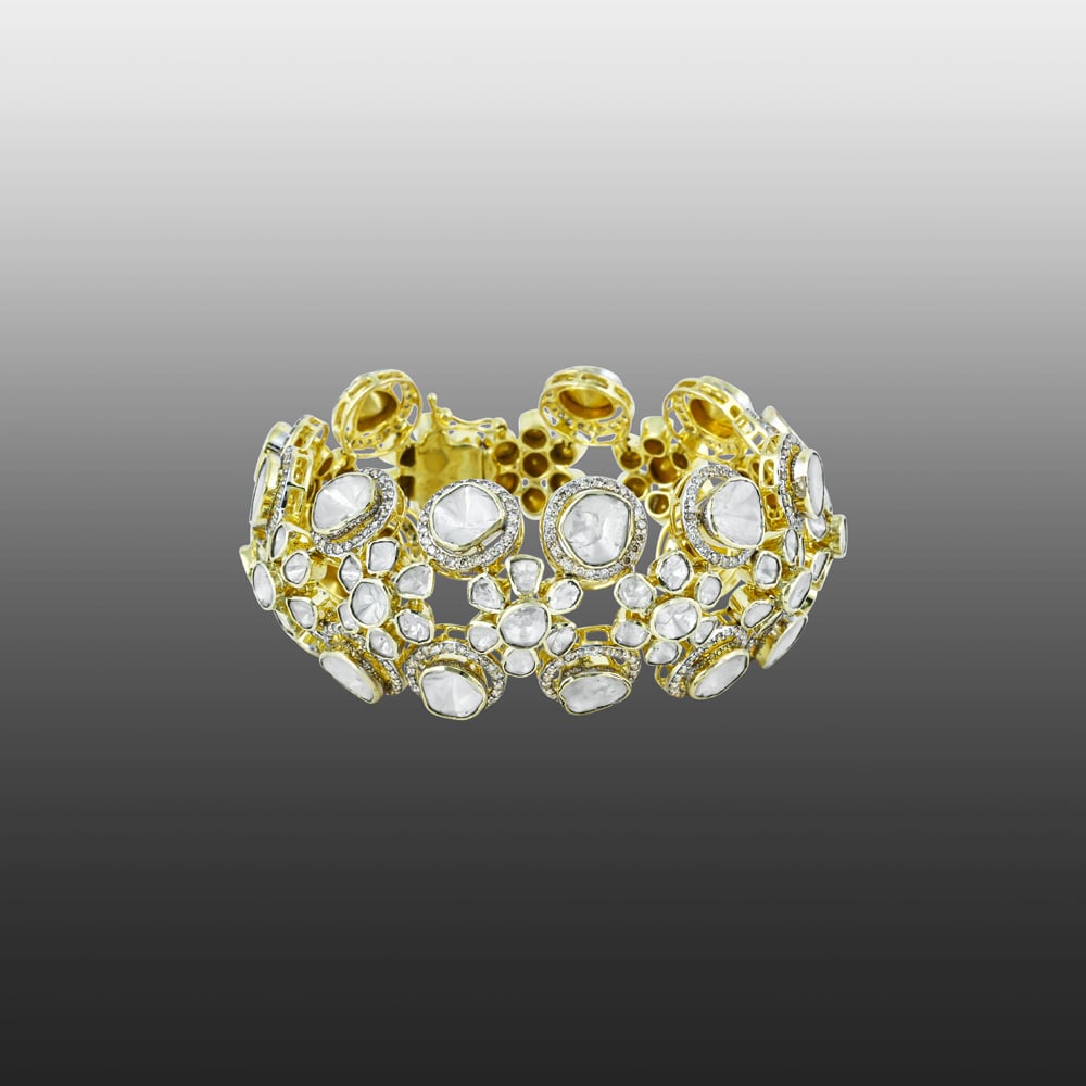Polki Bracelet with Double Rows and Diamond Halos
